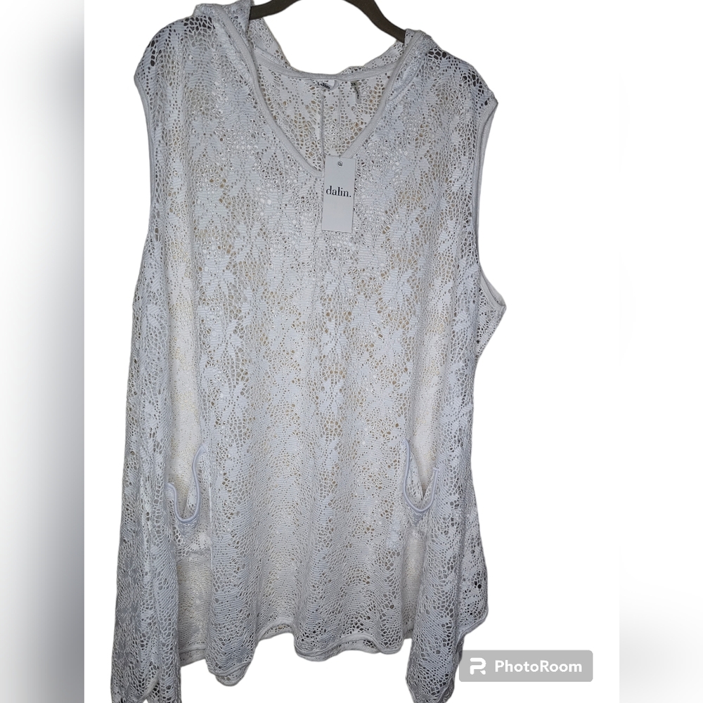 Dalin women's white sleeveless v-neck high-low hooded lace top size 3X